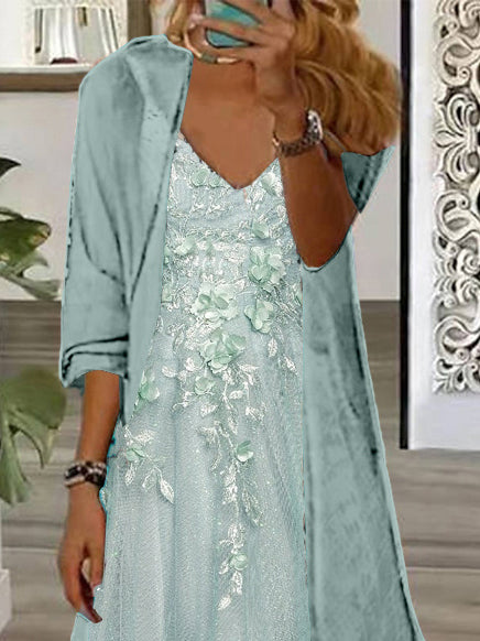 Women's Long Sleeve V-neck Floral Printed Two Pieces Maxi Dress