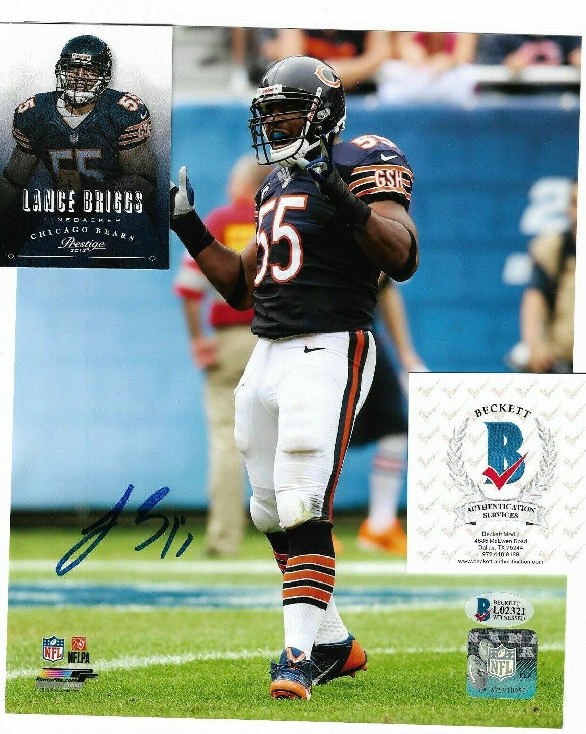 Autographed Chicago Bears Lance Briggs Signed 8x10 Photo Poster painting Beckett & Trading Card