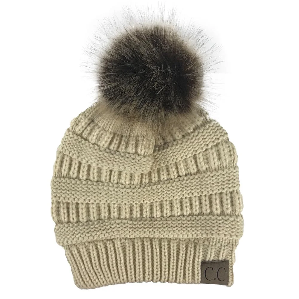 Cute Pom Pom Hat Cable Knit Fleece Lined Beanie Hat