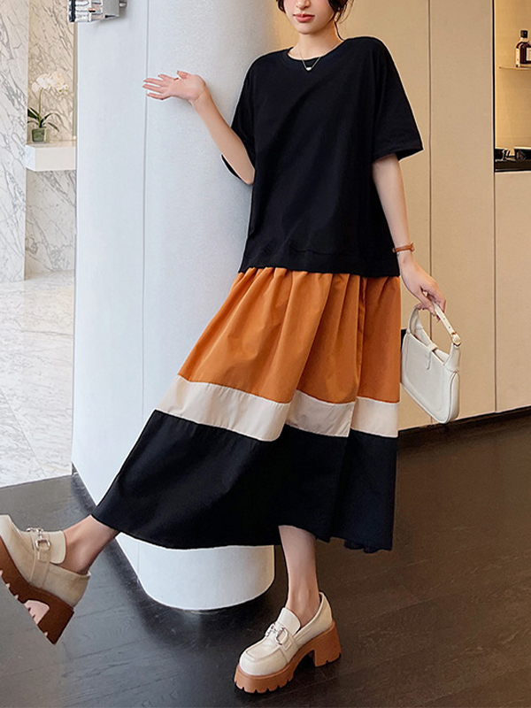 Colorblock Short Sleeve Round Neck Loose Maxi Dress