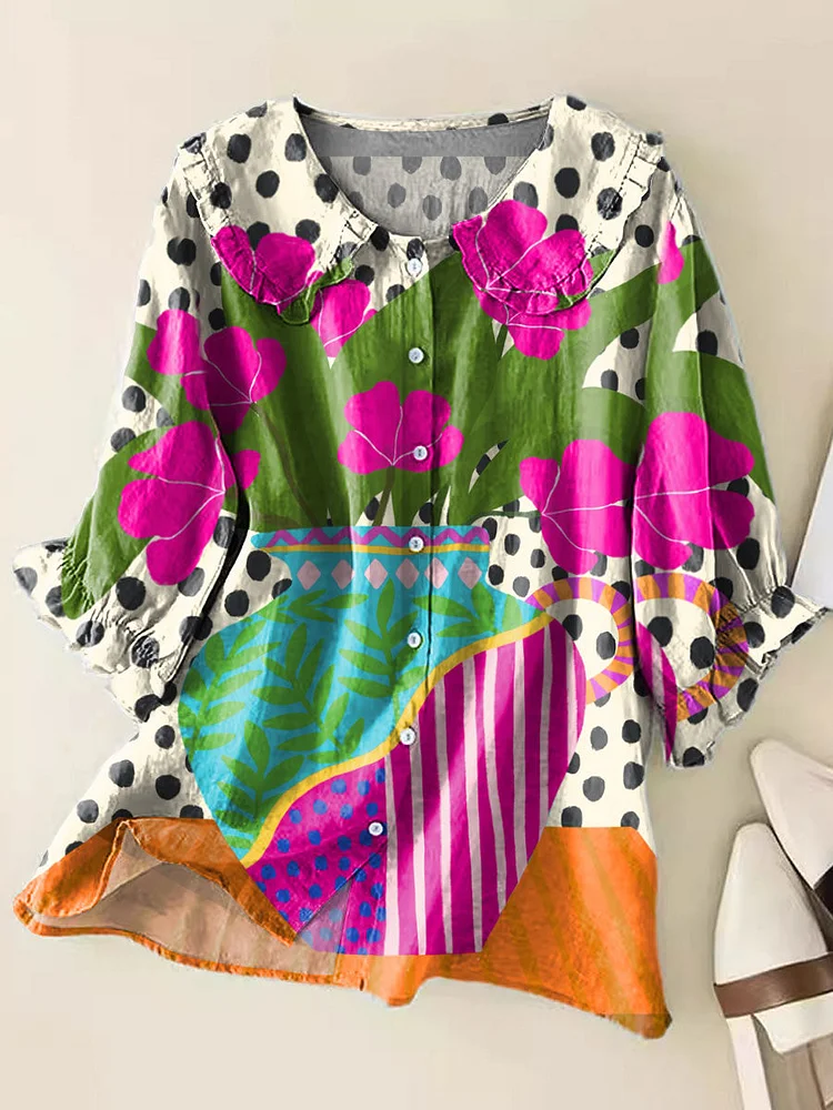Women Colorful Polka Dot Flower Art Print Peter Pan Collar Half Sleeve Blouses