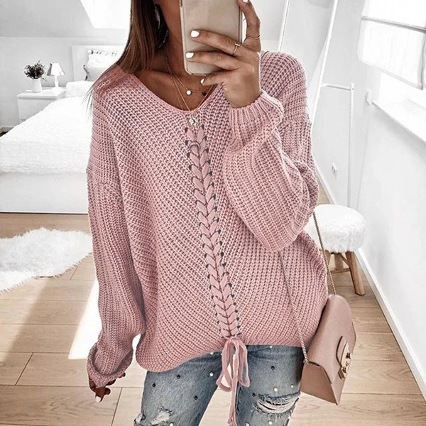 Mongw Mongw New Women Long Sleeves Loose V Neck Rope Exposed Back Jumper Knit Sweater Women's Clothing