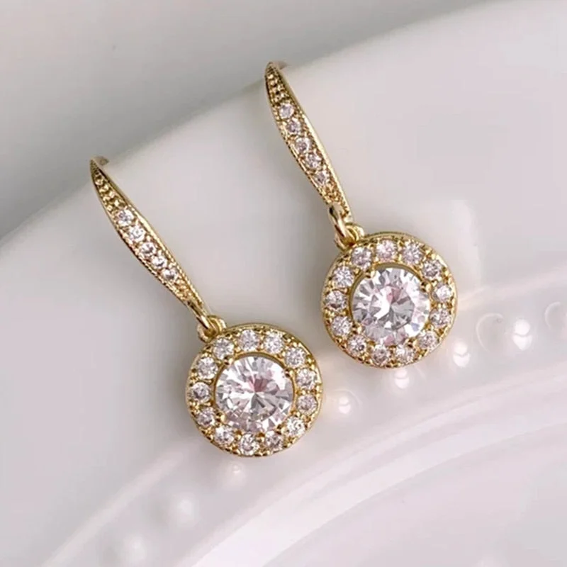 Fashion Modern Women's Gold Color Drop Earrings Fashion Princess Cut Round Zircon Engagement Wedding Earrings