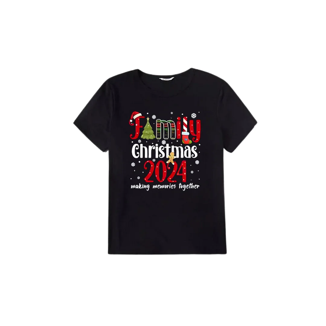 "Family Christmas 2024 Making Memories Together" Pattern Ⅲ- Black Short Sleeve with Red & Black Plaid Pant Family Matching Pajamas