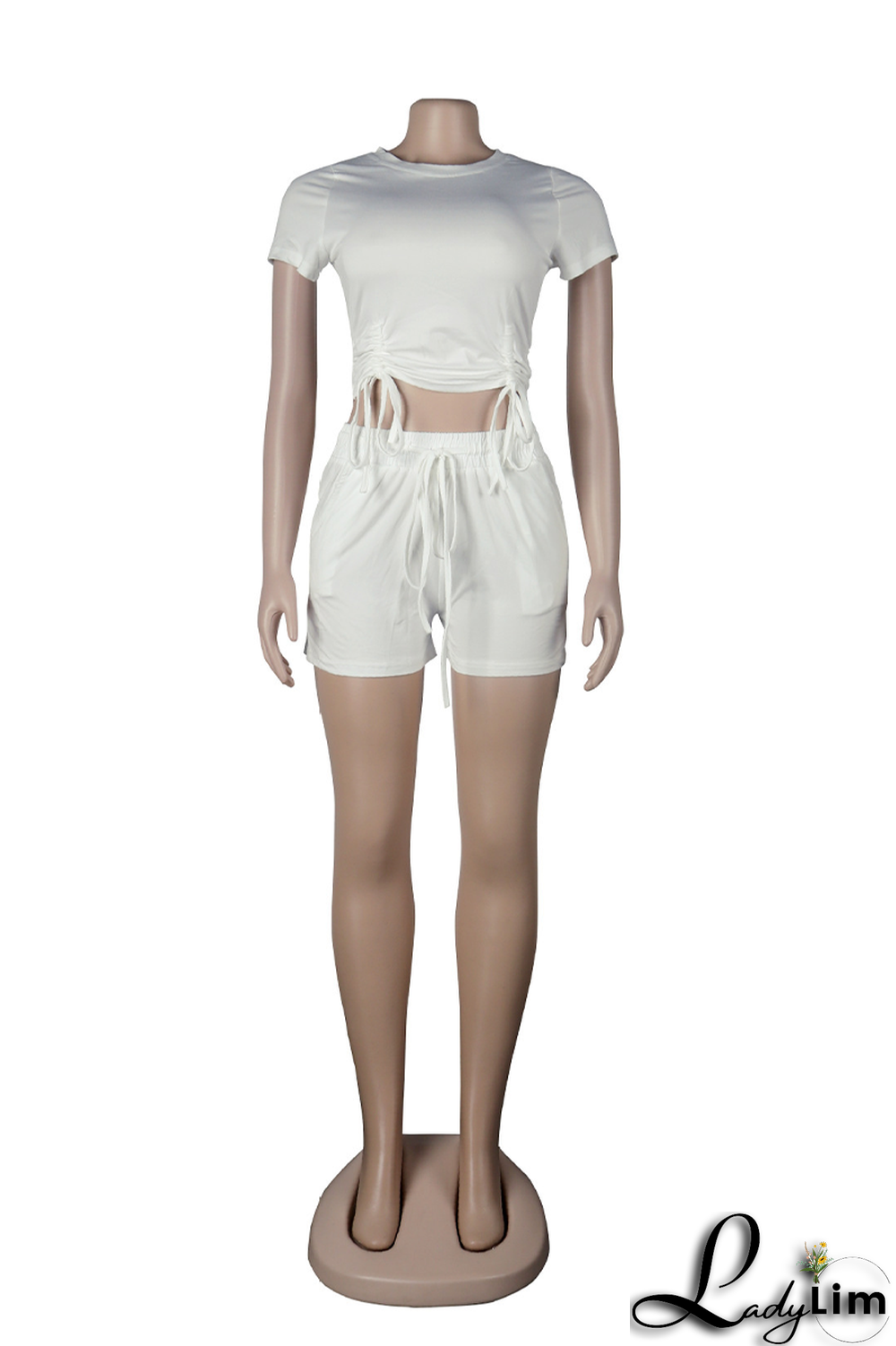 Rose Red Fashion Solid Draw String O Neck Short Sleeve Two Pieces