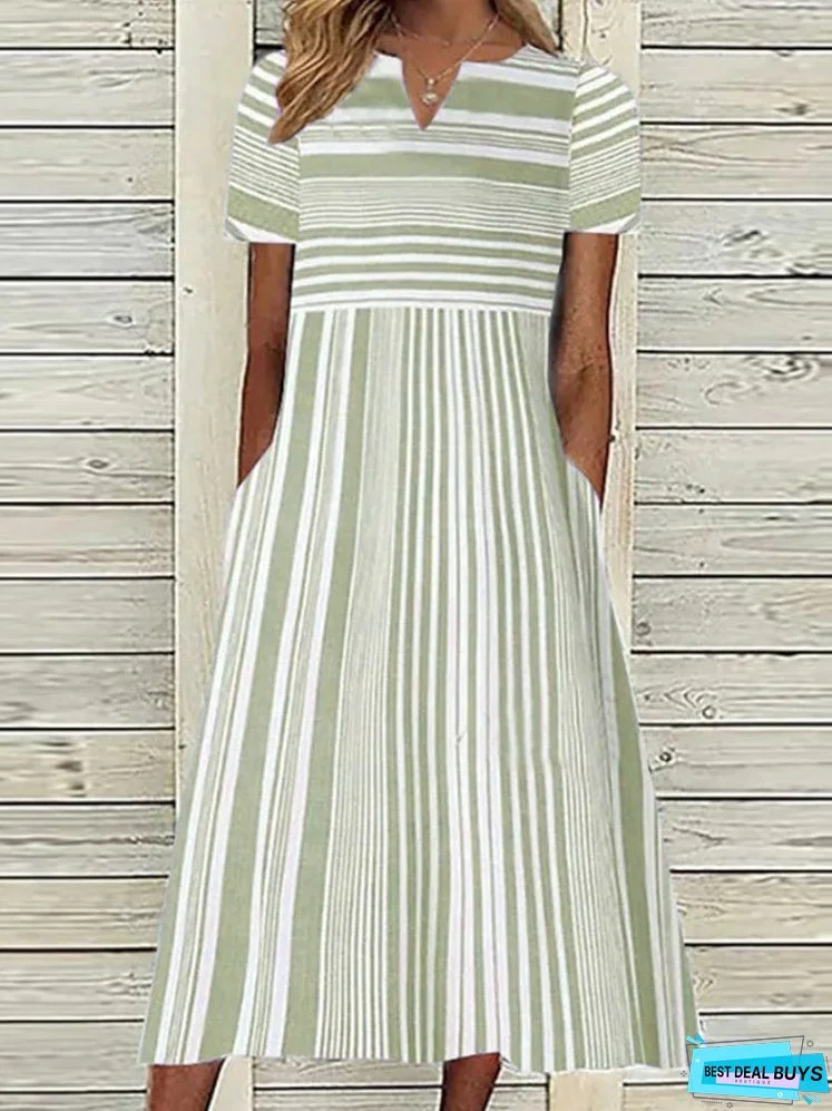 Women Short Sleeve Maxi Dress V-neck Striped Dress