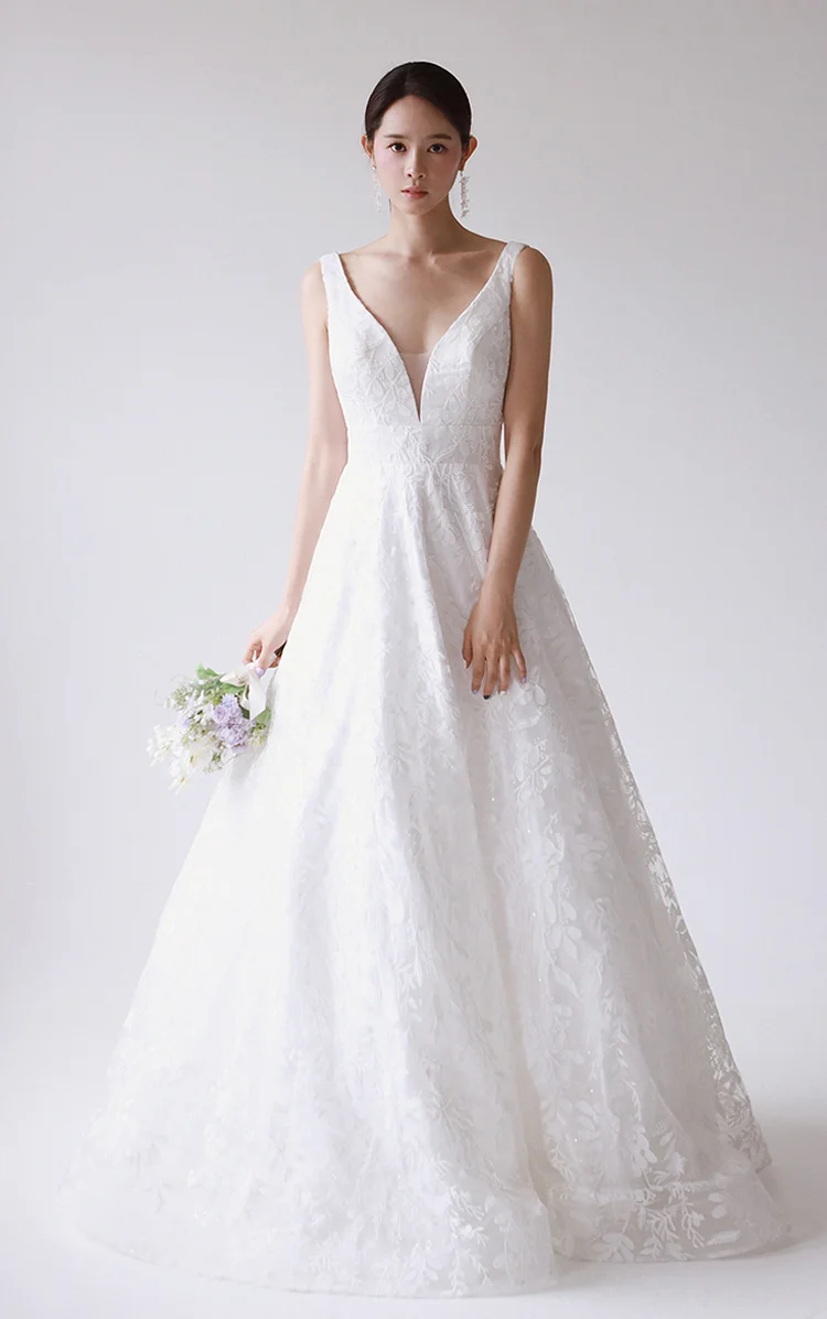 Double V Neck A Line Wedding Dress Applique Sleeveless Long Women's Formal Bridal Gowns