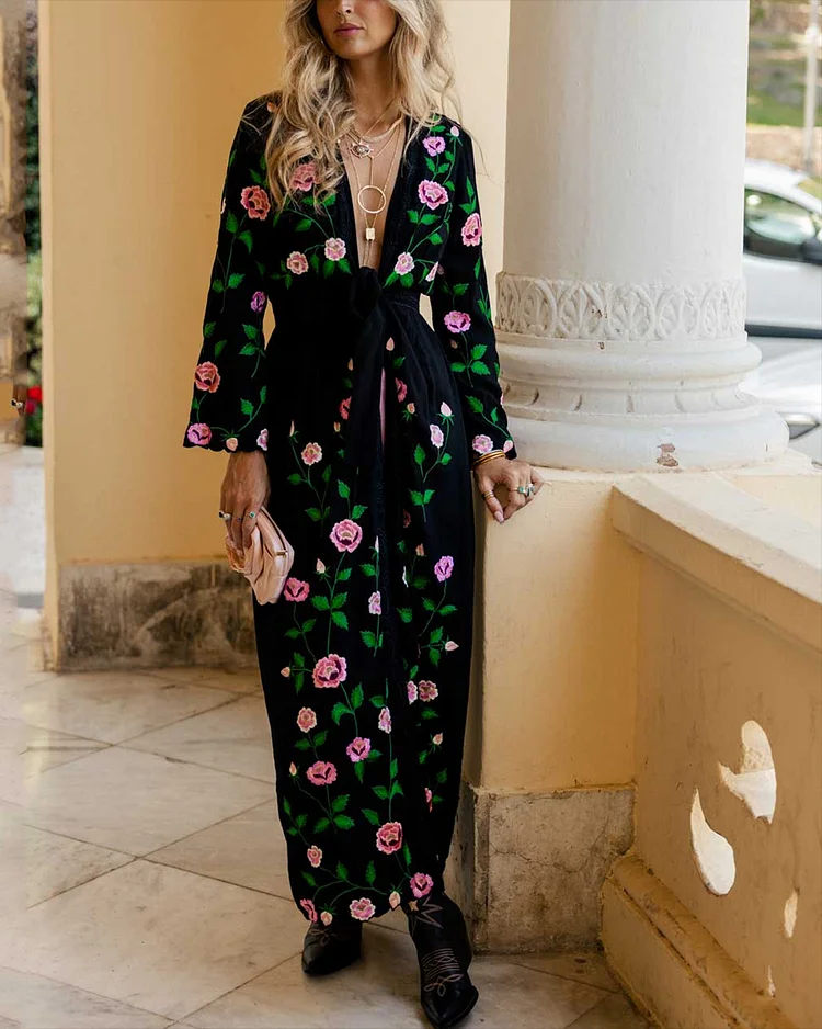 Women's V-neck cardigan with floral embroidery Dress