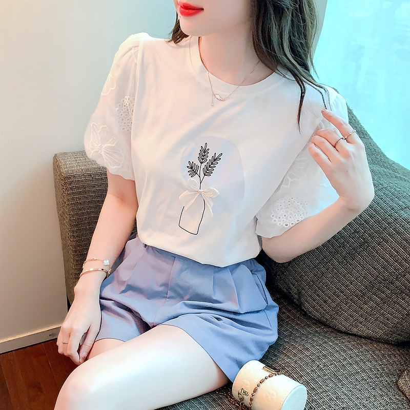 2024 Summer Puff Short Sleeve Spliced Lace Shirt Sweet Three Dimensional Bow Plant Printed T-shirt Elegant Round Neck Loose Tops