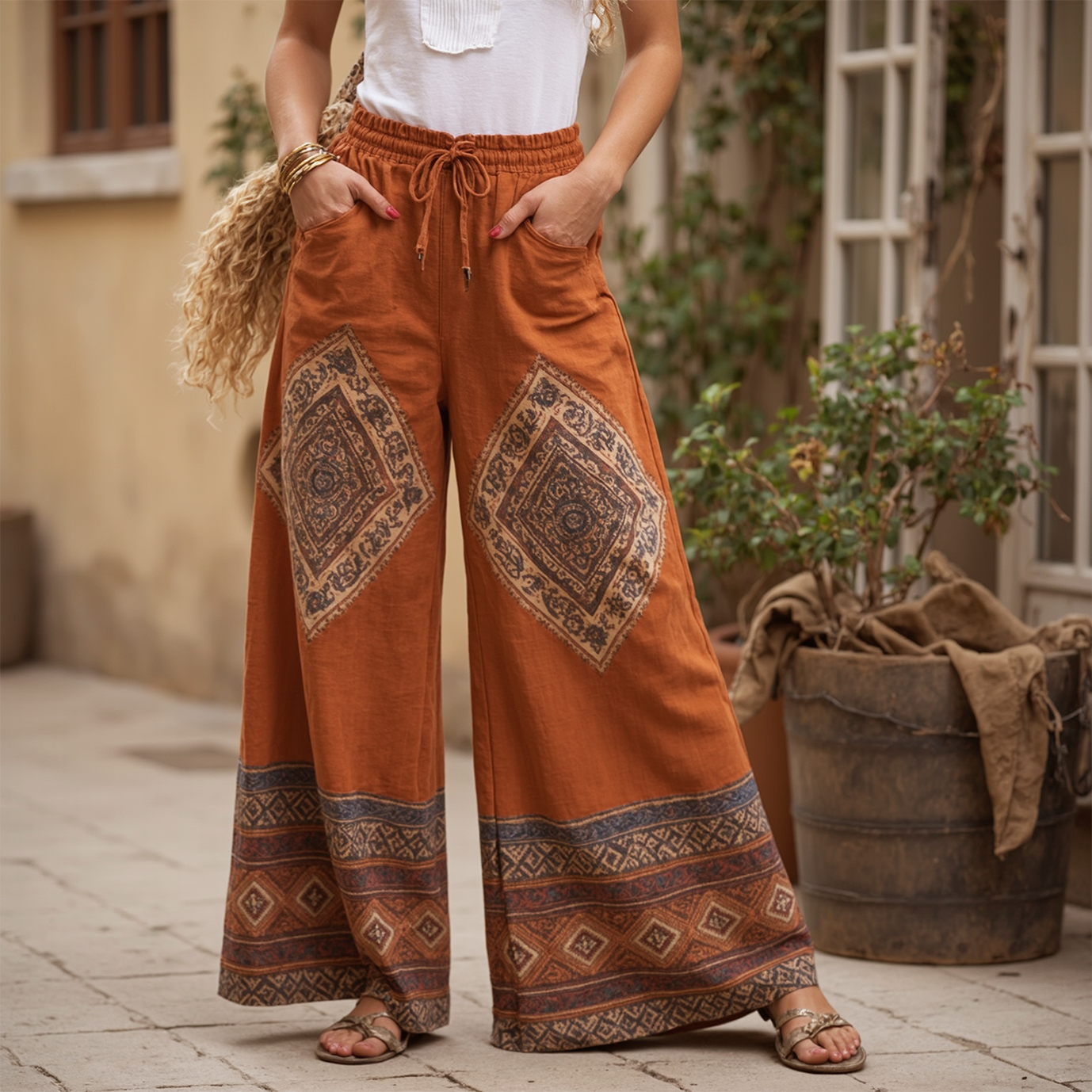 Women's Vintage Cowboy Bohemian Style Wide-Leg Pants With Ethnic Print