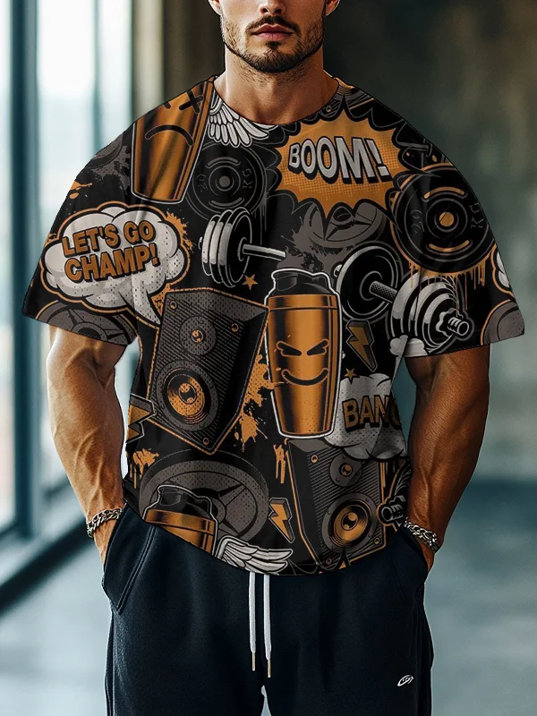Men's Cartoon Doodle Weightlifting Fitness Pattern Print Drop Shoulder Casual T-Shirt