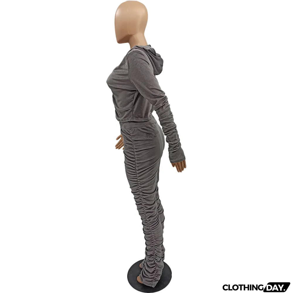 Velvet Pleated Zipper Hooded Jacket Skinny Pants Suit