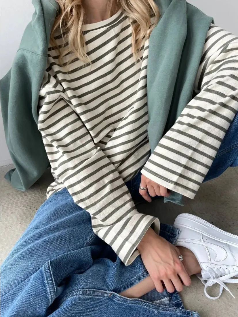 Athvotar Athvotar Spring And Summer New Striped T-Shirt Women Simple Leisure Loose Thin Sleeve Long-Sleeved Top