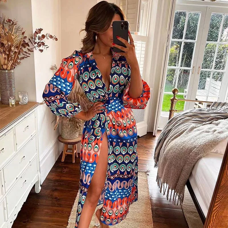 Women Vitange Pattern Print Boho Shirt Dress Female Fashion Lapel Long Sleeve Lace Up Robe 2022 Summer High Slit Loose Dresses
