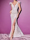 Deep V-Neck Feather Split-Side V-Back Empire Party Maxi Dress