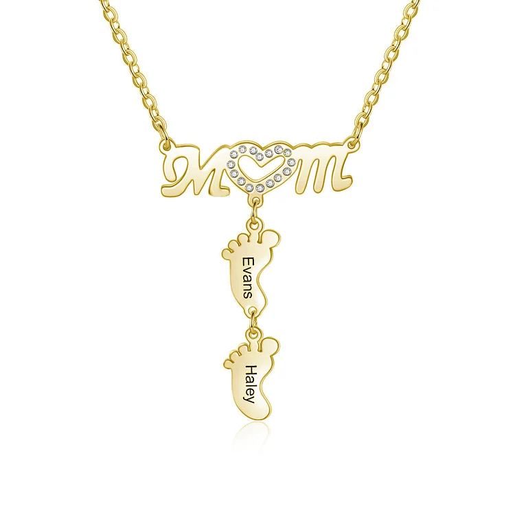 Mother Necklace with 2 Baby Feet Pendants Engraved 2 Names