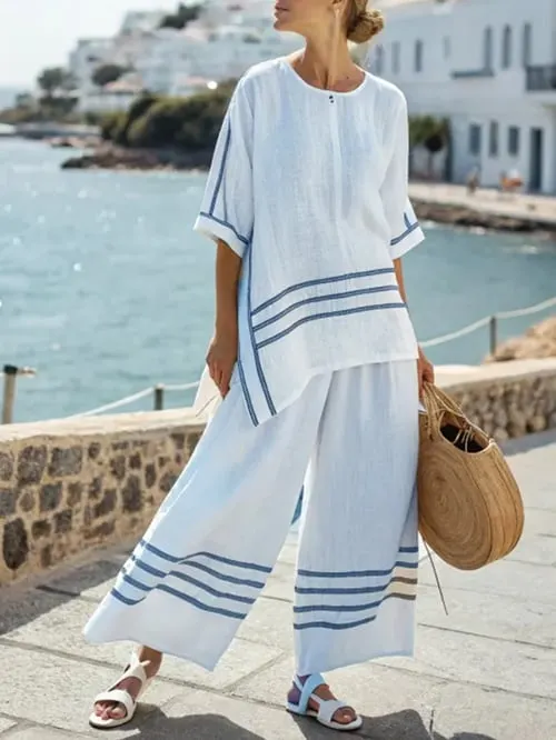 Women Summer Loose Slit Irregular Striped Pants Set