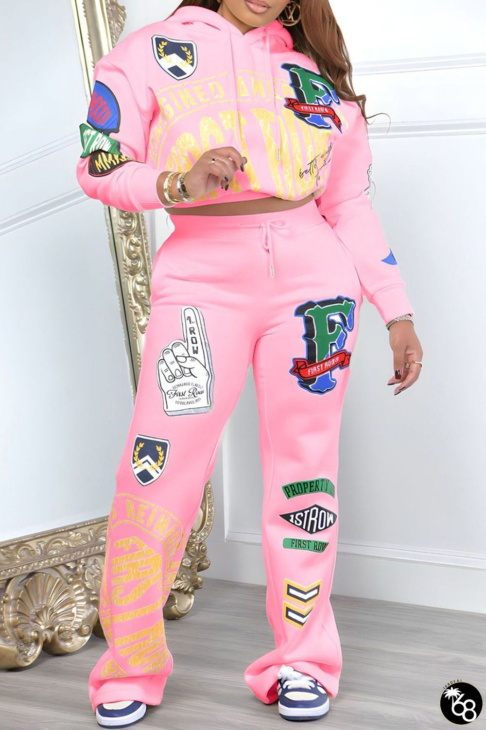 Pink Casual Print Patchwork Draw String Pocket Hooded Collar Long Sleeve Two Pieces | 168DEAL