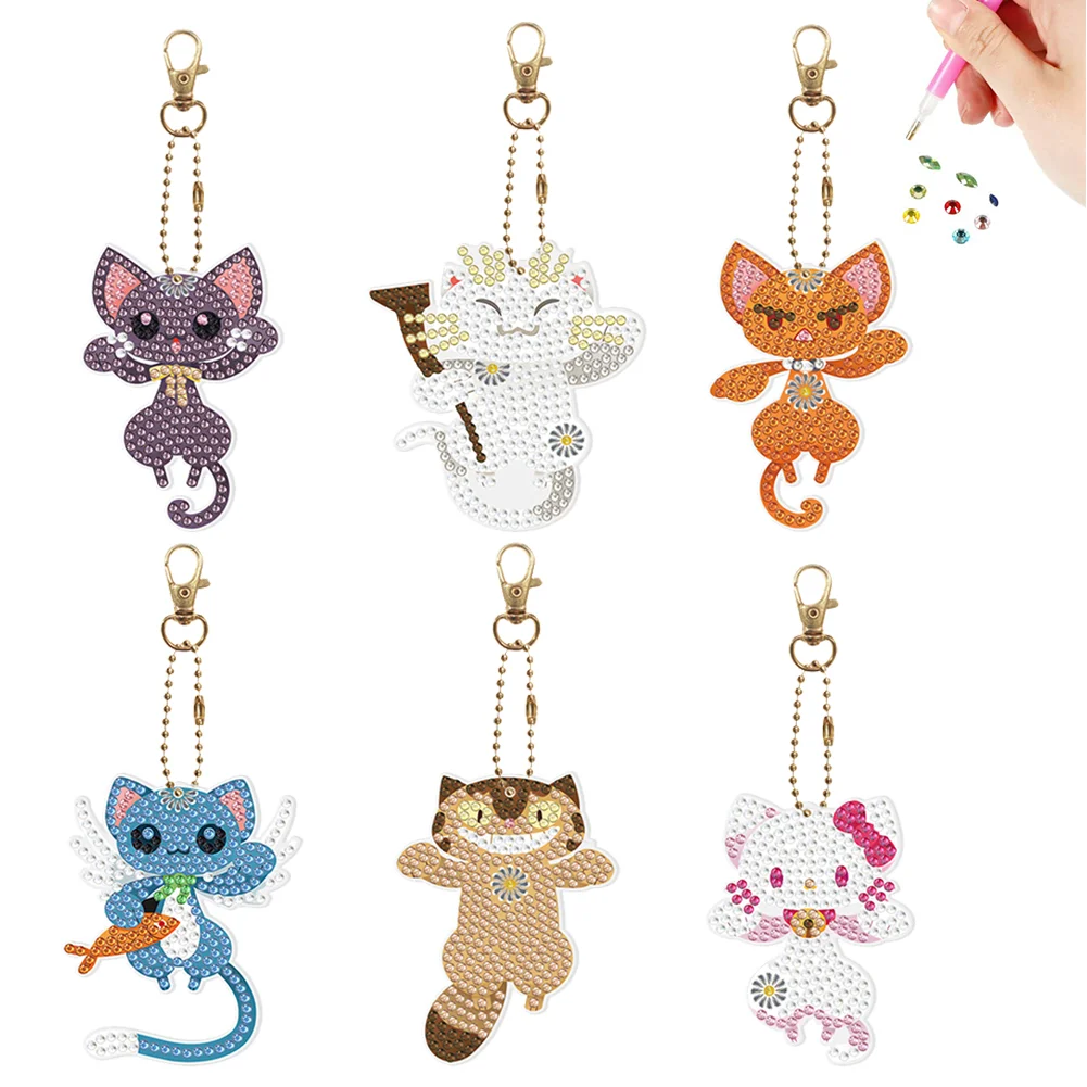 6Pcs Jumping Animal Double-Sided Special Shaped Diamond Painting Art Keychain