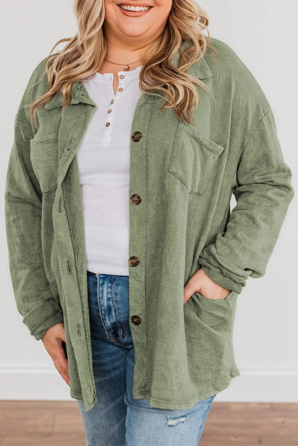 Green Plus Size Buttons Closure Pocketed Shacket | IFYHOME
