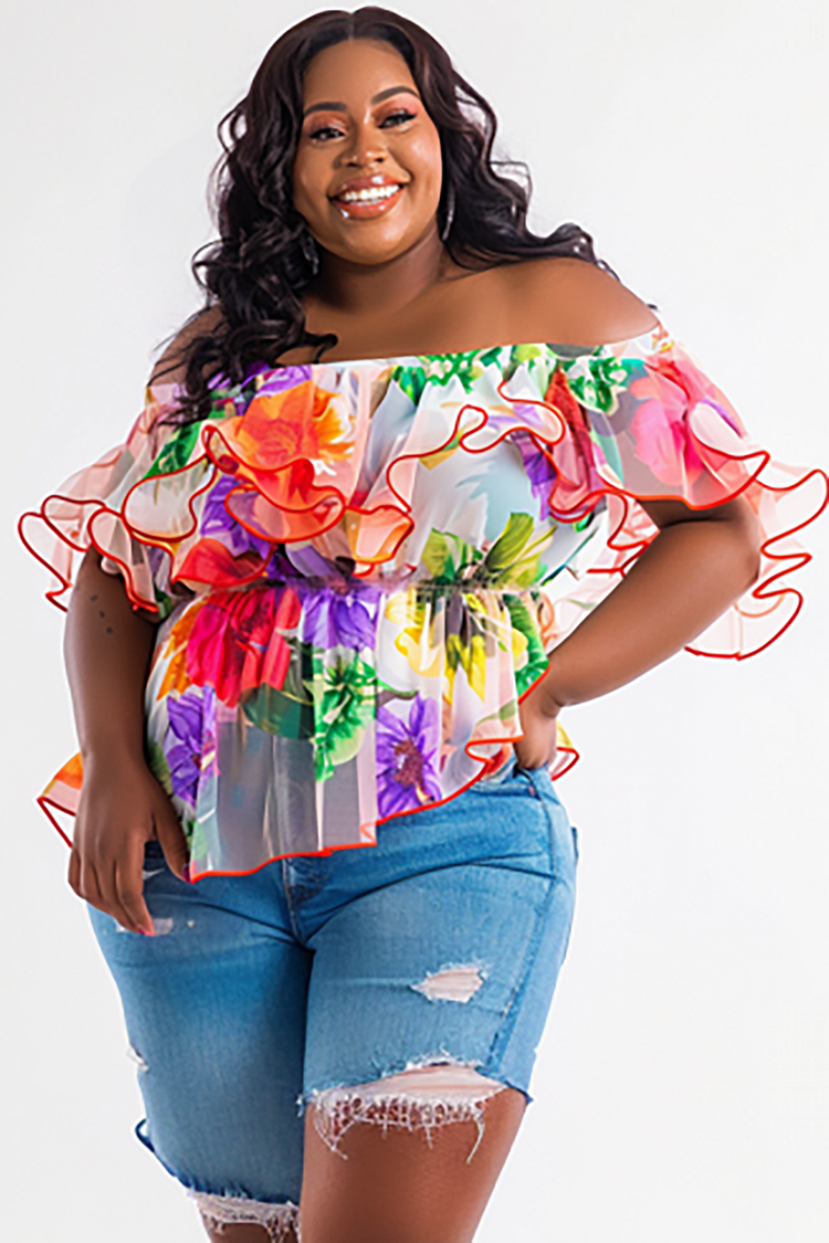 Xpluswear Design Plus Size Vacation Multicolor Floral Off The Shoulder Petal Sleeve Short Sleeve See Through Chiffon Tops