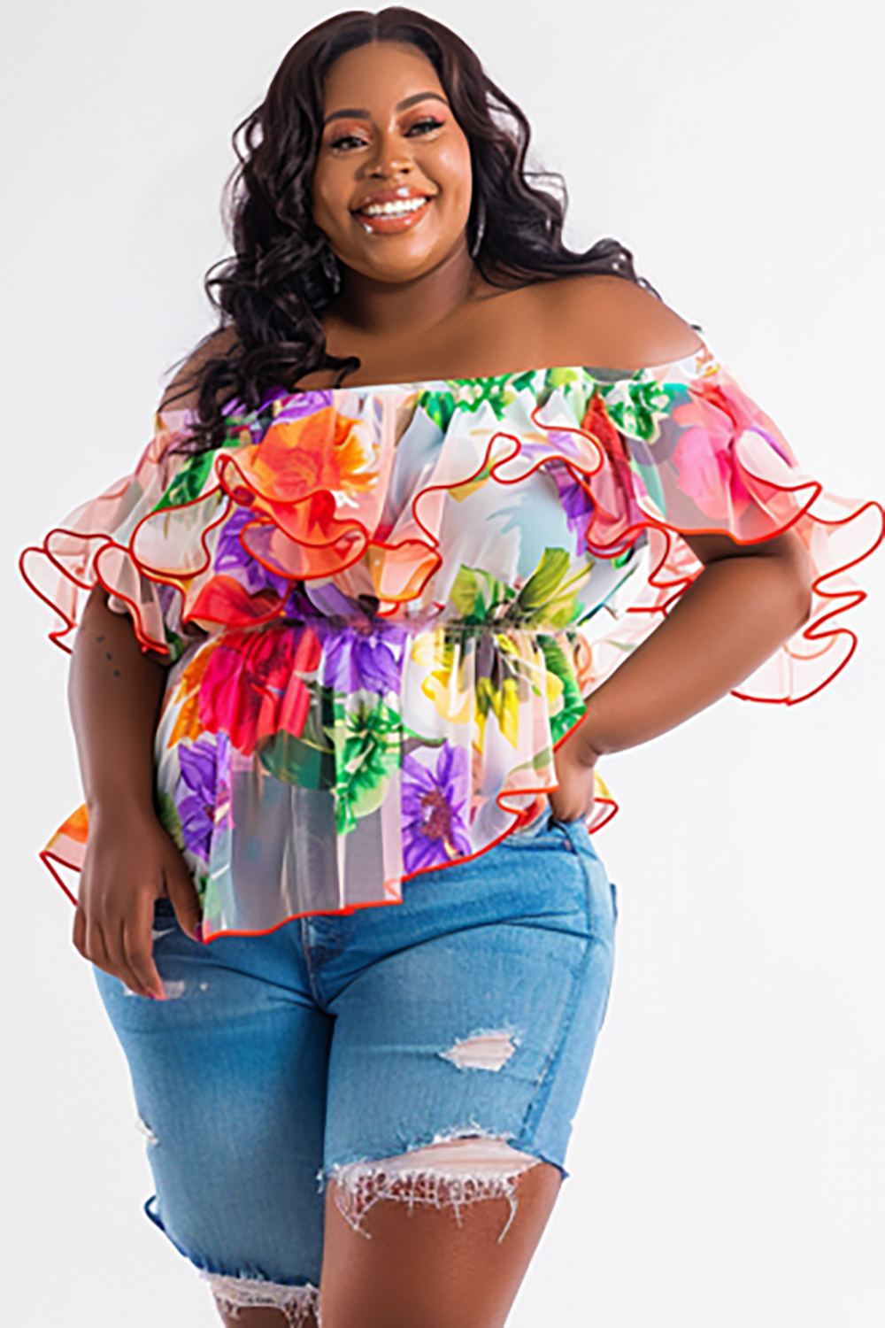 Design Plus Size Vacation Multicolor Floral Off The Shoulder Petal Sleeve Short Sleeve See Through Chiffon Tops [Pre-Order]