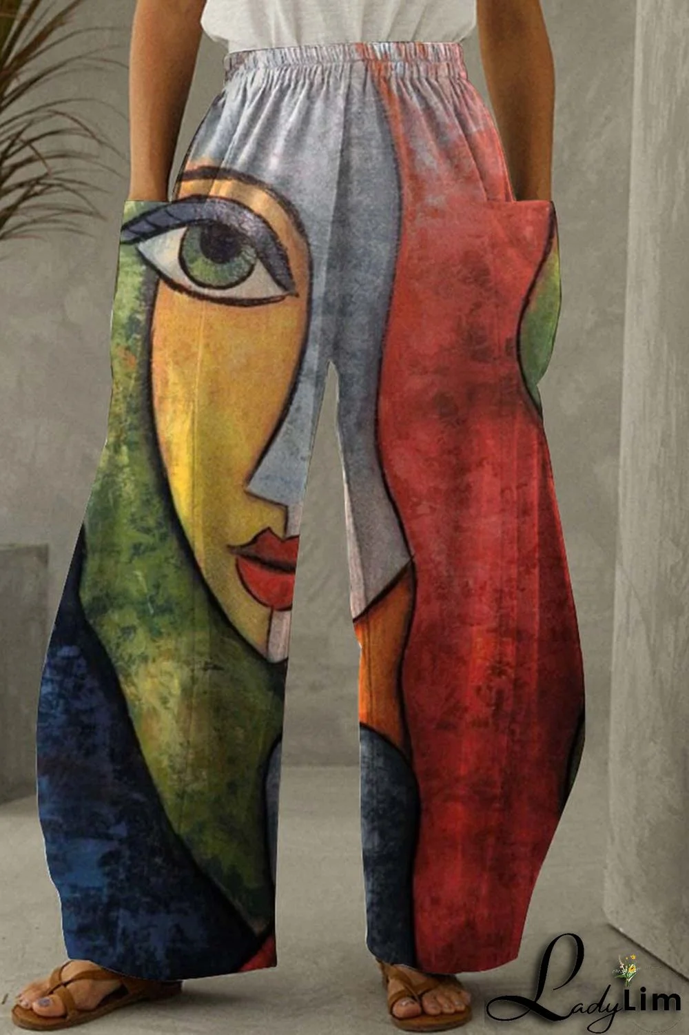 Black Brown Fashion Casual Print Patchwork Pocket Regular High Waist Trousers