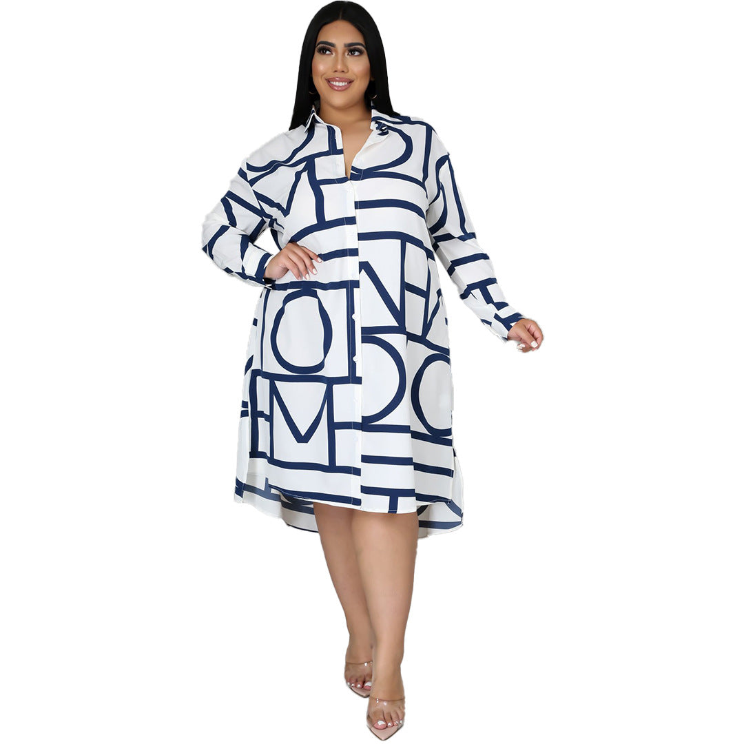 Plus Size Printing Pleating Waist Shirt  Dress for Women