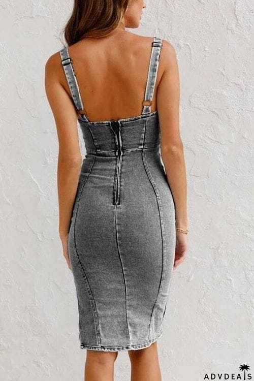 Irregular Elastic Wash Denim Dress