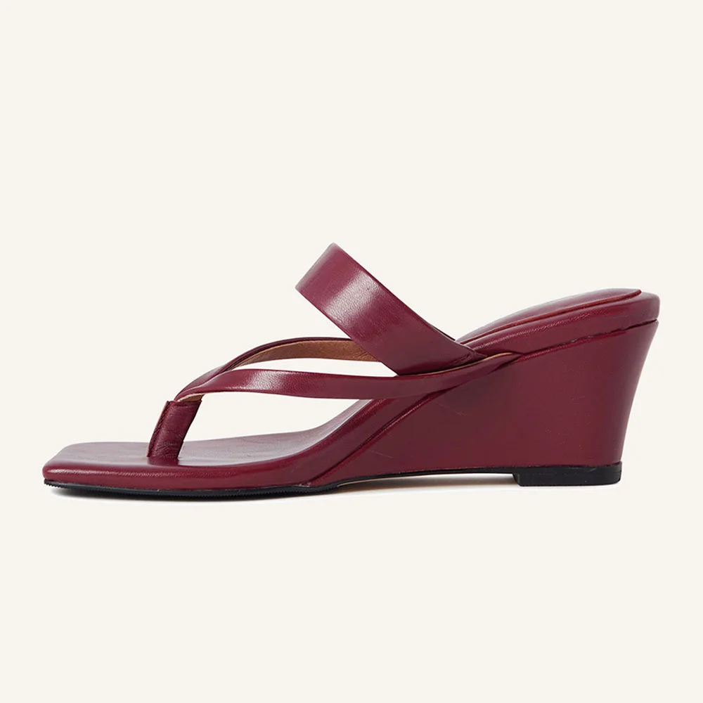 Burgundy Vegan Leather Open Square Toe Wedge Sandals for Women
