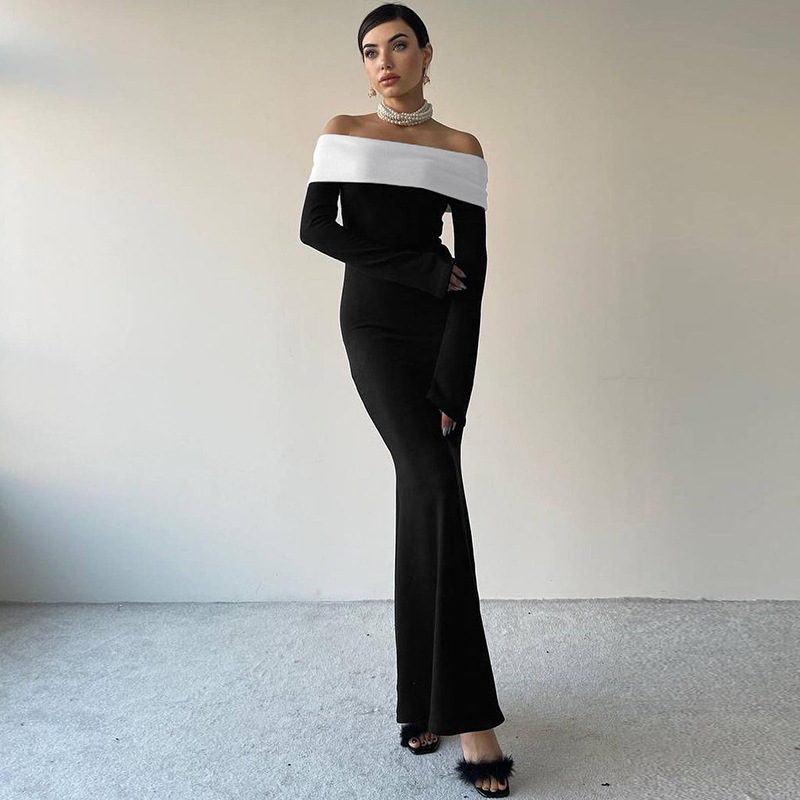 Ootddress Off-Shoulder Patchwork Slim Maxi Dress For Women Long Sleeve High Waist Elegant Backless Party Dress Female Autumn Outfit