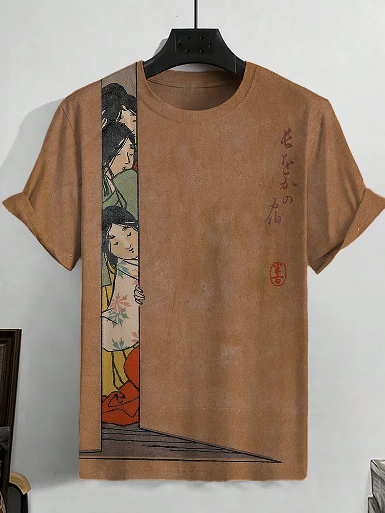 Men's Japanese Kimono Female Illustration Print Casual T-Shirt