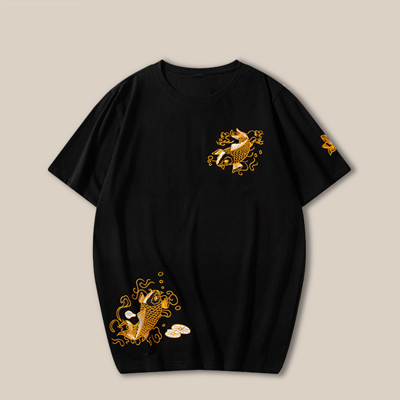 Japanese Koi Carp Embroidery Cotton Crew Neck T-shirt
