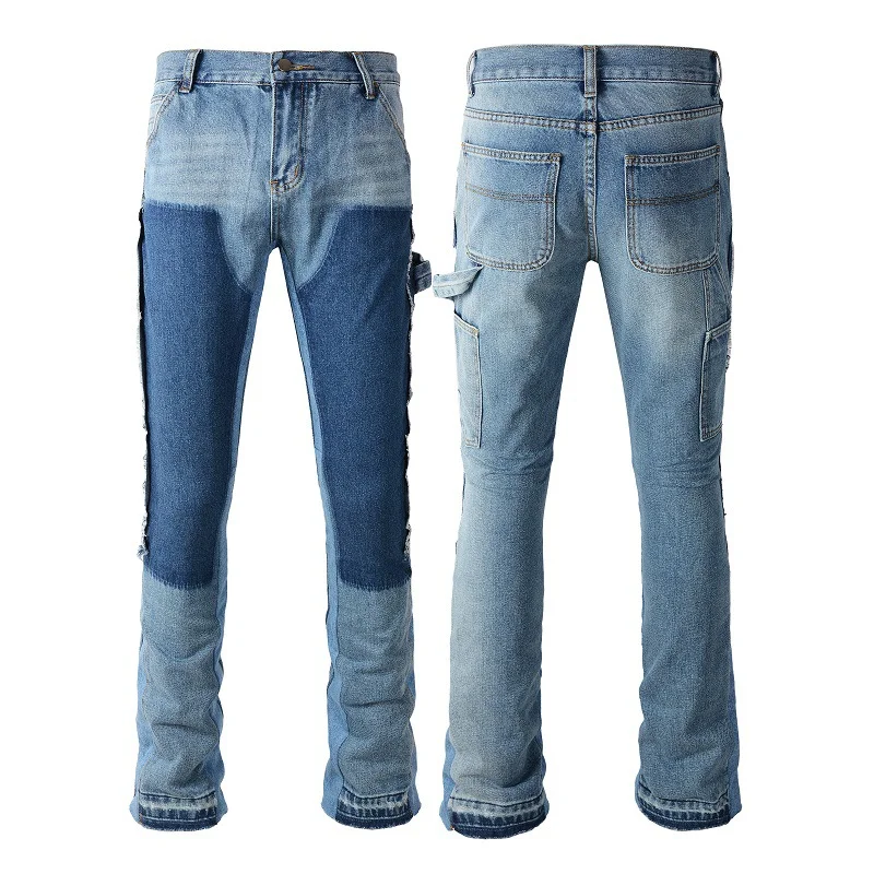 Men's Denim Trousers Splicing Contrasting Colors Y2K Rapper Biker Jeans