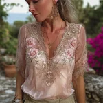 Vintage Boho Roses Embroidered Lace Flowy Linen Tunic - Image 2