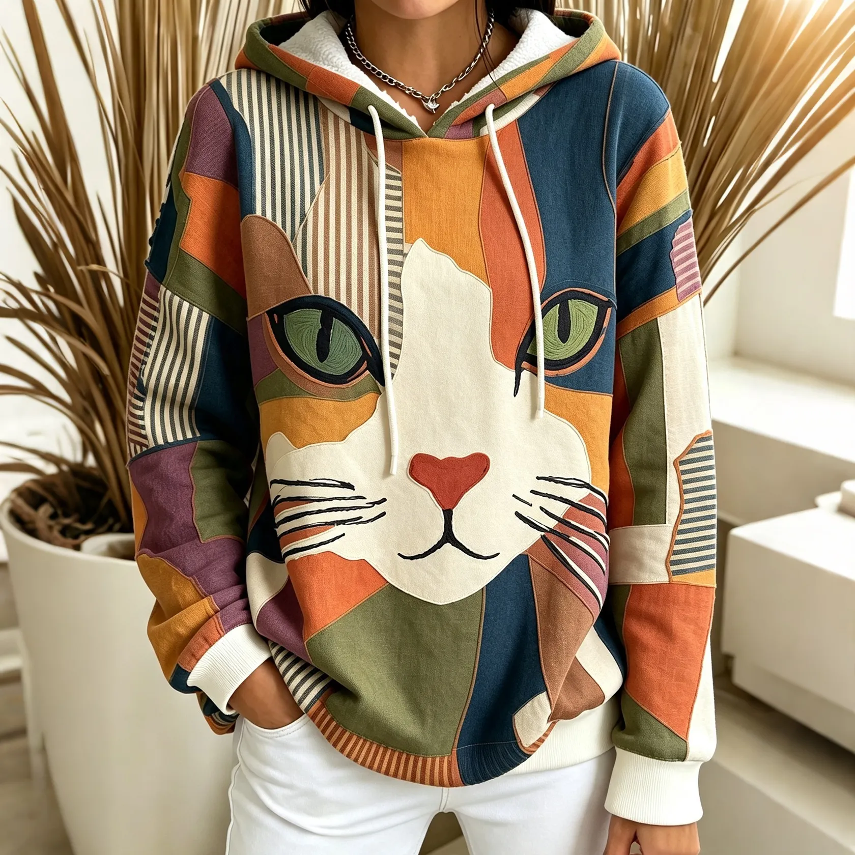 Comstylish Abstract Creative Cool Cat In Patchwork Graphic Print Hoodie