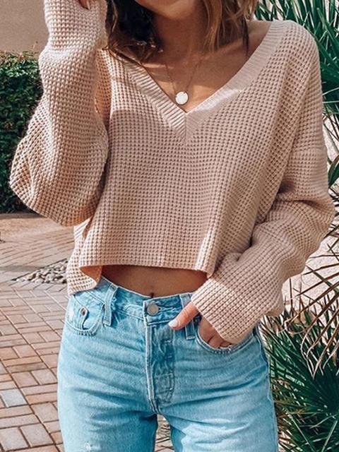 Solid Colored V-neck Pullover Short Sweater Jumper - Shop Trendy Women's Clothing | LoverChic