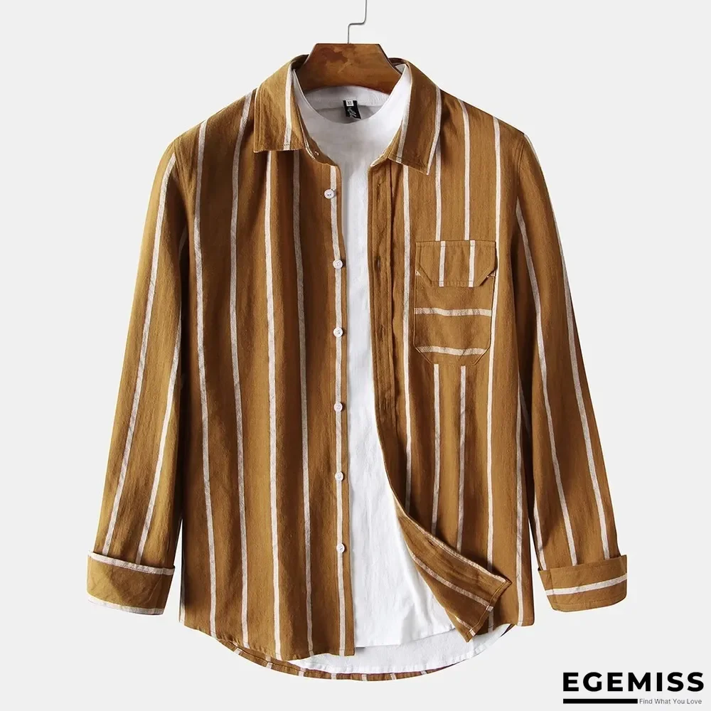 Men Stripe Printed Chest Pocket Lapel Long Sleeve Shirts | EGEMISS