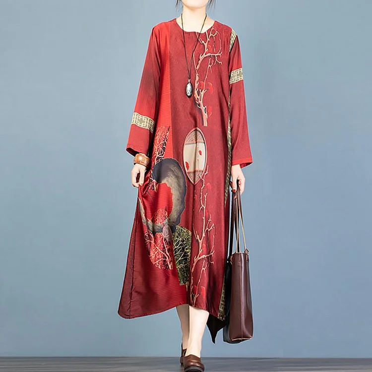 French red print quilting clothes asymmetric o neck A Line Dresses