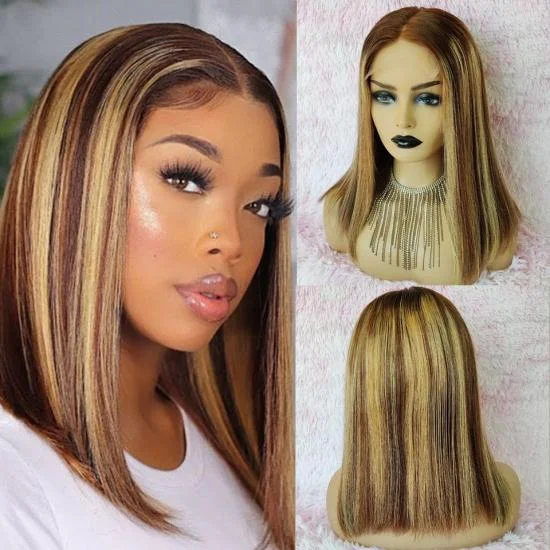 YVONNE 250% Density Ombre Hair Color T4-4/27 Natural Straight 5*5 Lace Closure Piano Color Highlight Bob Wigs