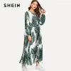 SHEIN Multicolor Tropical Print Bishop Sleeve Smock Dress Modest High Waist Round Neck Long Sleeve 2019 Spring Abaya Dresses