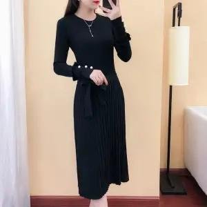 Autumn Winter Knit Long Dress Women Elegant Casual O-neck Slim Bodycon Robe Sweater Dresses Office Lady Mid-calf Knitted Dress