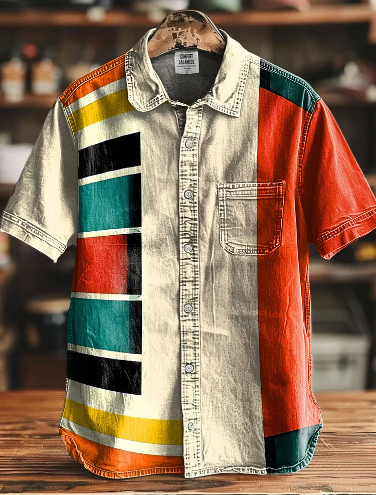 Colorful Geometric Block Decorative Pattern 100% Cotton Denim Shirt