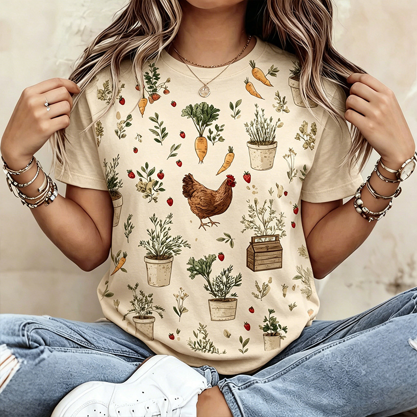 Comstylish Women's Farm-themed Plant And Chick Pattern T-shirt
