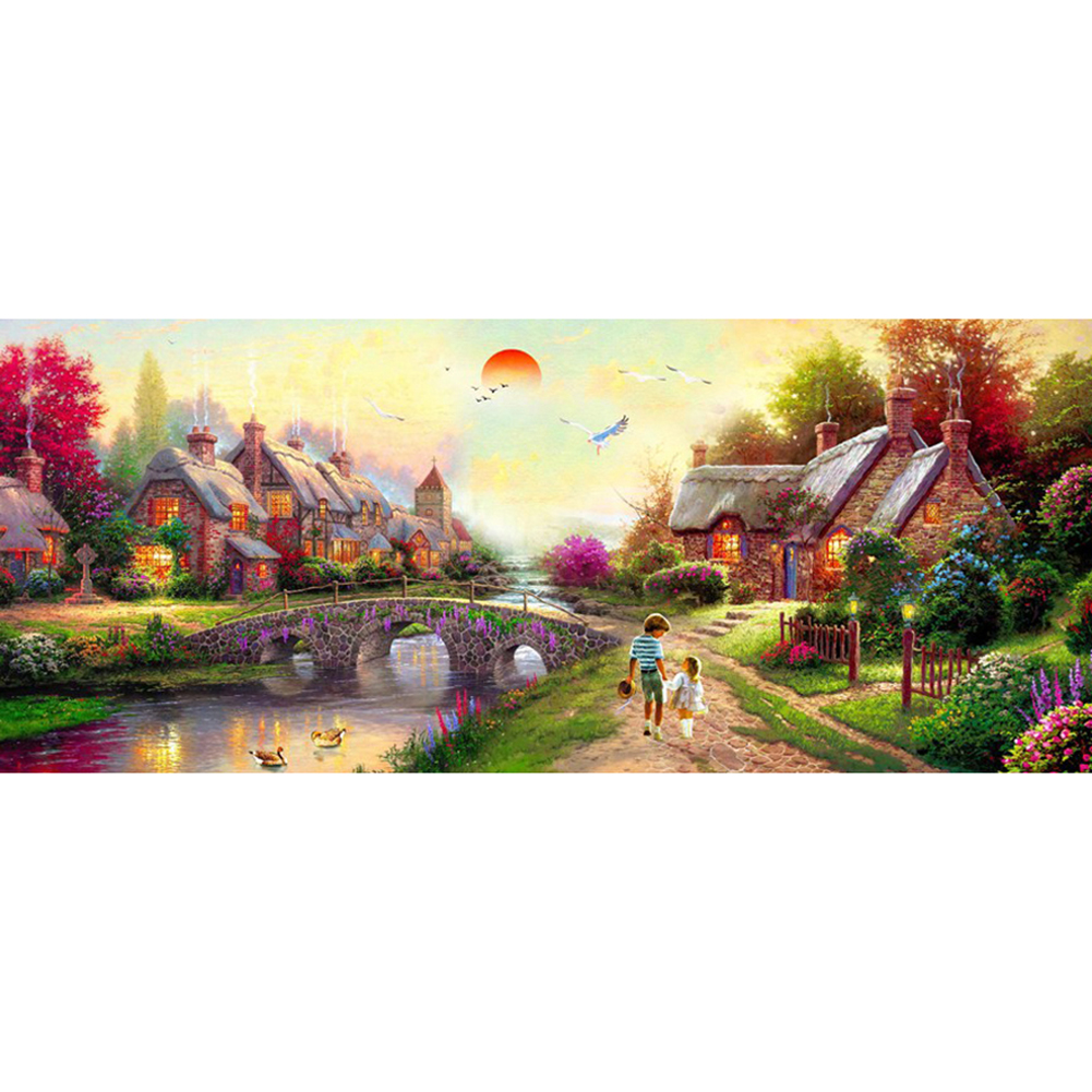 

80*45CM - Round Drill Diamond Painting - Sunset Stone Village, 501 Original