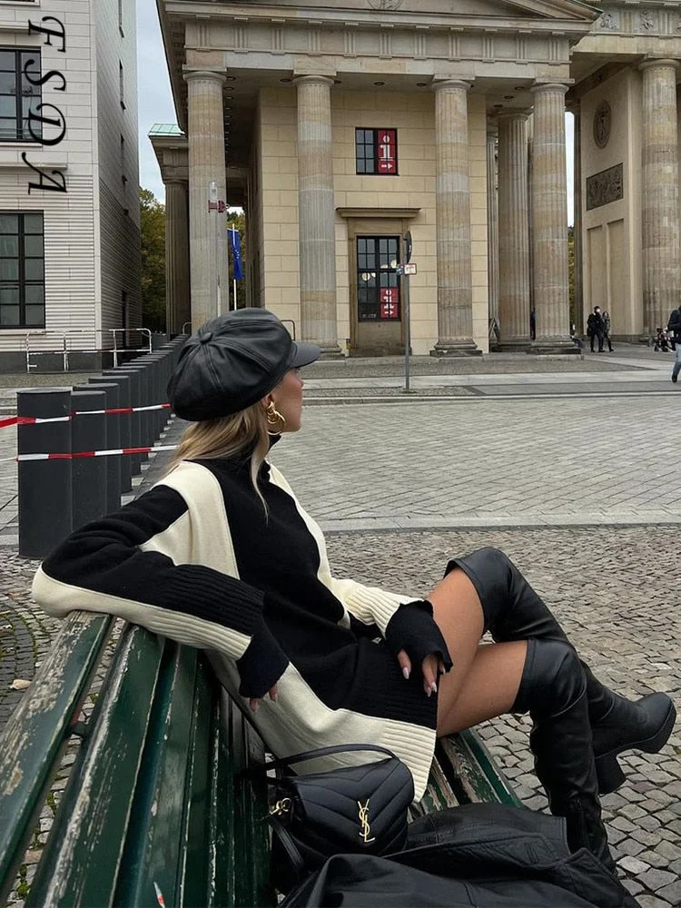 FSDA Autumn Winter Patchwork Sweater Dress Women Sexy 2021 Y2K Casual Long Sleeve Loose Oversized Pullover Knitted Fashion