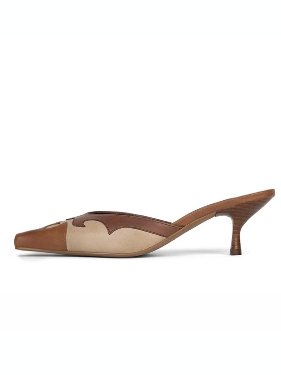 Fashion Brown Square Toe Patchwork Kitten Heel Mules for Women Nicepairs