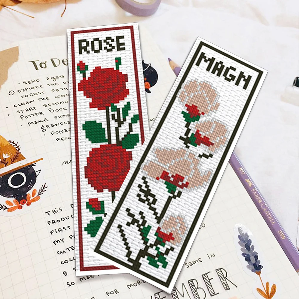 6Pcs Rose DIY Cotton Single-Sided Stamped Needlepoint Bookmark Kit 47x28cm