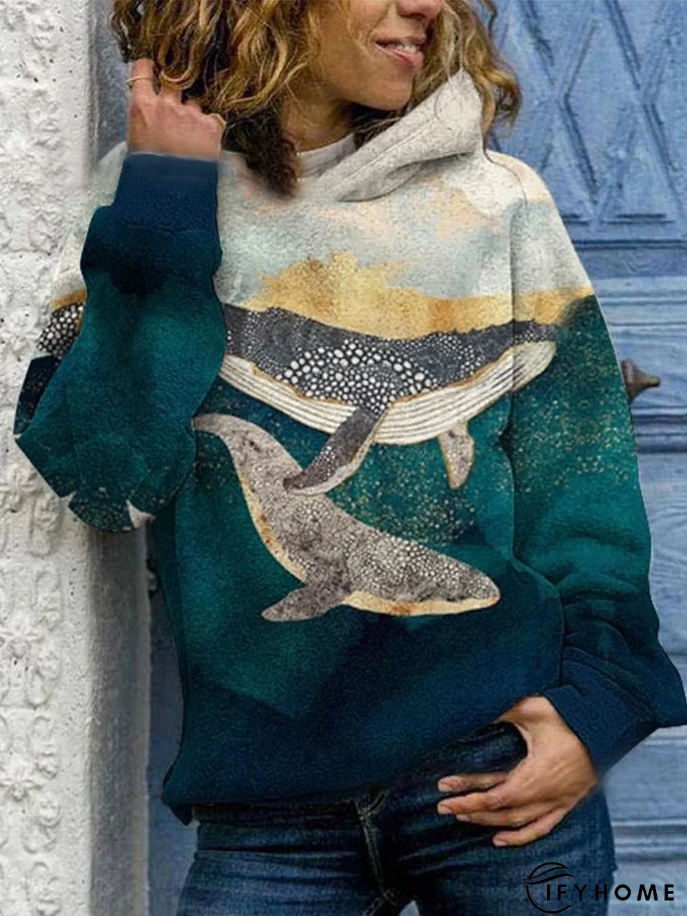 Vintage Hoodie Long Sleeve Sea Whale Printed Plus Size Statement Casual Sweatshirts | IFYHOME