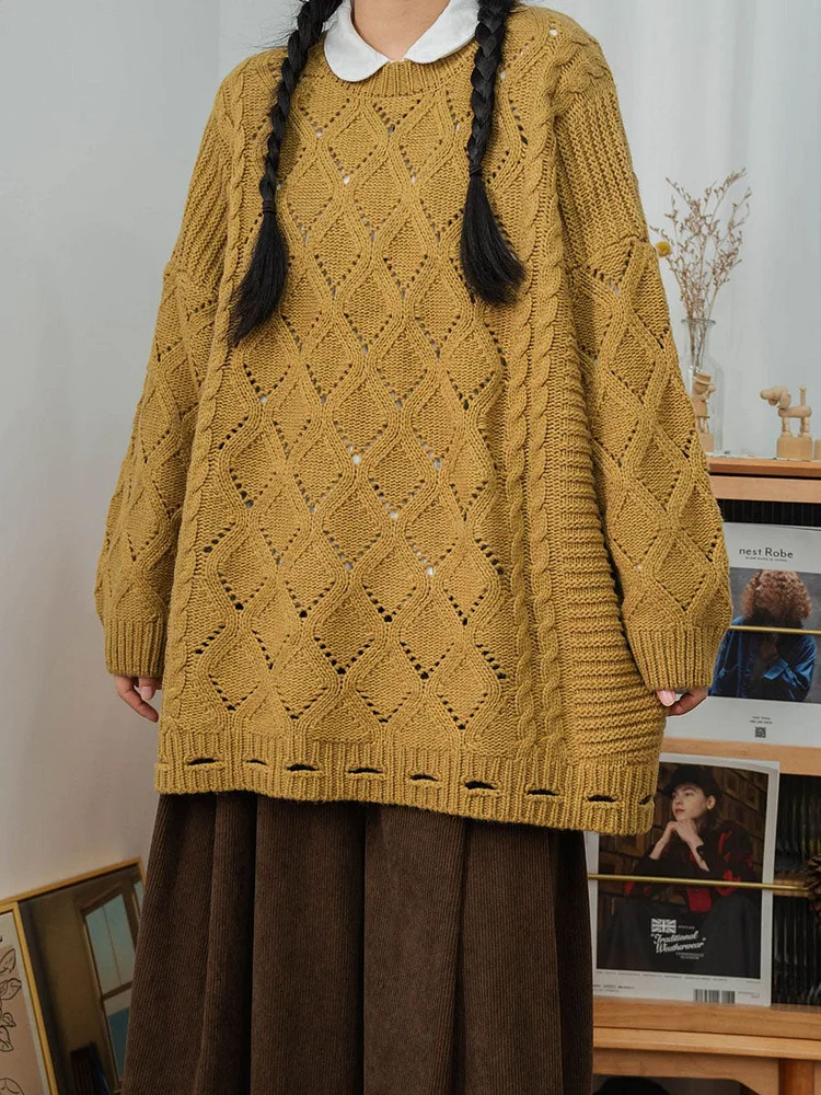Women Winter Artsy Rhomboids Knitted Loose Sweater